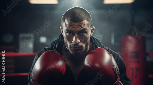  A boxer wearing gloves in a boxing gym. © sky rider