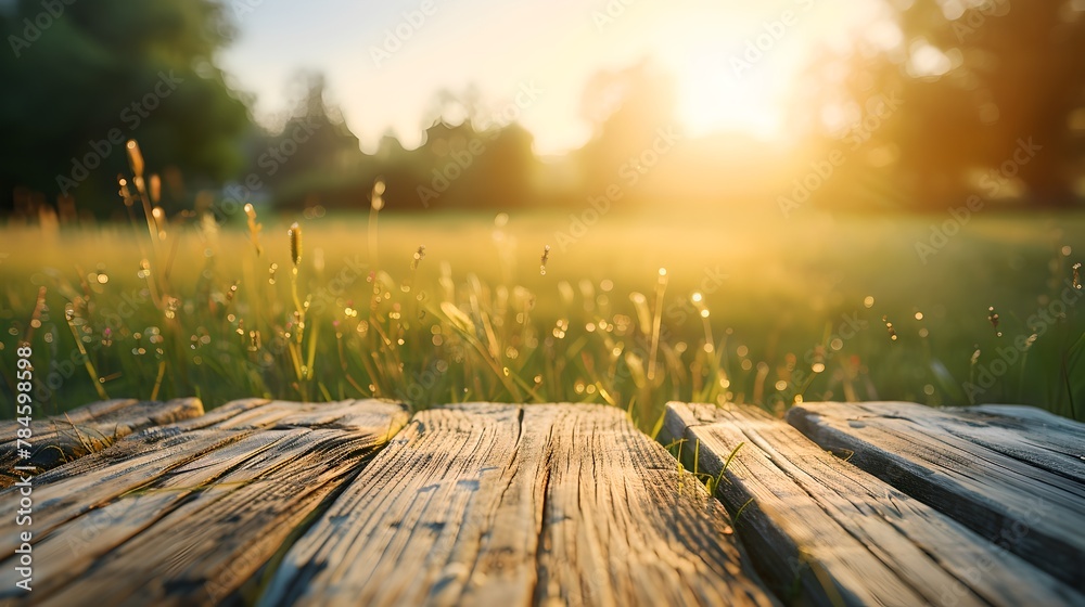 Fototapeta premium Serene Sunset View Over Rustic Wooden Planks in a Meadow. Calm Evening Scenery with Warm Light Filtering Through Trees. Nature's Beauty Captured in Peaceful Setting. AI