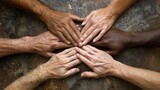A close-up of hands of different ages, races, and genders coming together to form a circle, symbolizing unity, solidarity, and the beauty of diversity.