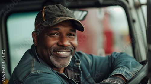 Create an image capturing the cheerful demeanor of a black truck driver, leaning casually on his vehicle and looking directly at the camera.  photo