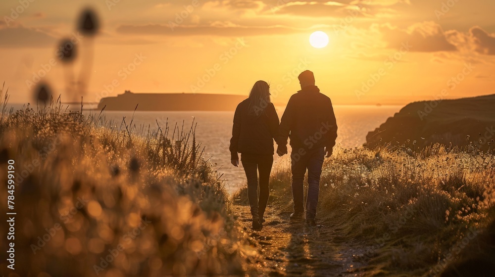 A couple wandering hand in hand along a scenic coastal path, the golden sunset creating a romantic backdrop to their local getaway.