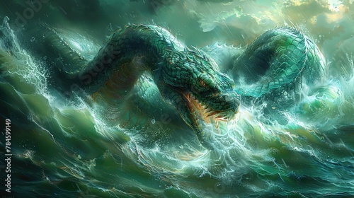 Huge serpent emerging from the stormy waves. photo