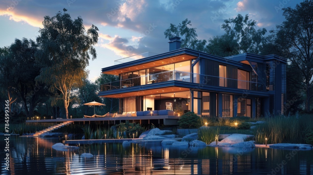 Contemporary House. Stunning Architecture of Modern Chalet by Blue River at Evening