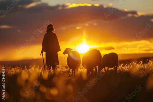 Nature Silhouette. Shepherd Jesus Christ Praying in Bright Sunlight Field with Sheep. Sunset Sky Landscape
