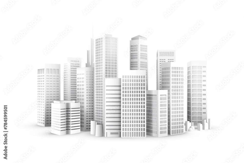 White Buildings. Modern City Skyscrapers Isolated on White Background