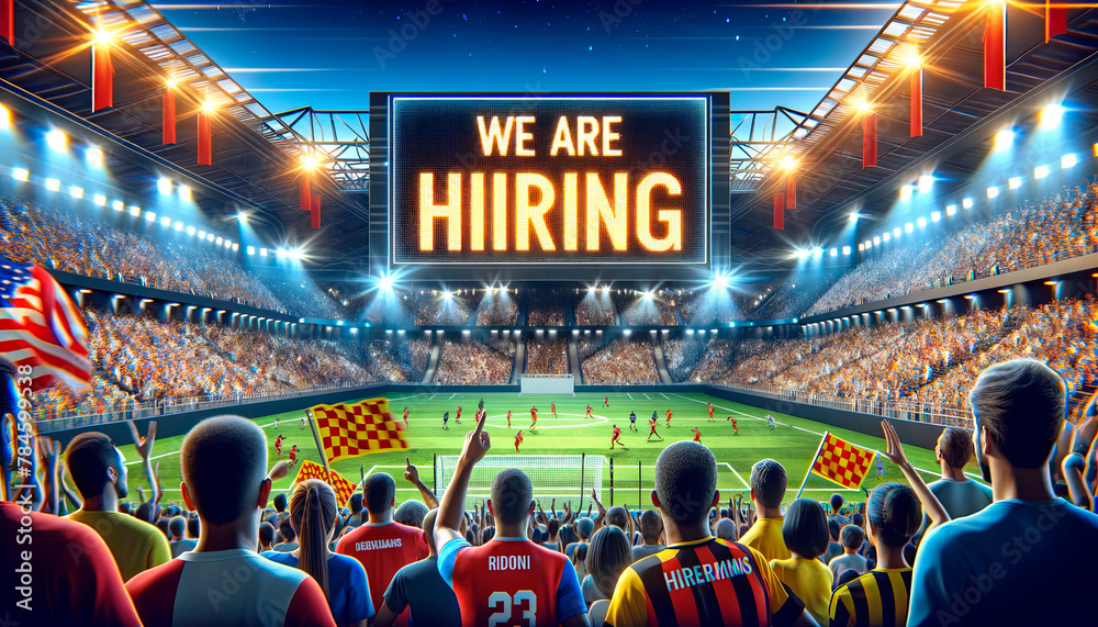 Fototapeta premium Stadium job event concept, with crowd facing ‘We Are Hiring’ sign, suitable for large-scale recruitment and sports-related career fairs.