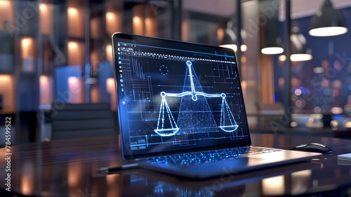 Futuristic Laptop with Justice Scales Hologram. Legal Tech Concept Image. Sleek Modern Office Setting. Ideal for Law and Technology Themes. AI photo