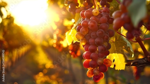 Sun kissed grapevines in a vineyard at sunset. Lush, ripe grapes ready for harvest. Agricultural beauty, natural and rustic charm captured in golden light. Perfect for autumn themes. AI