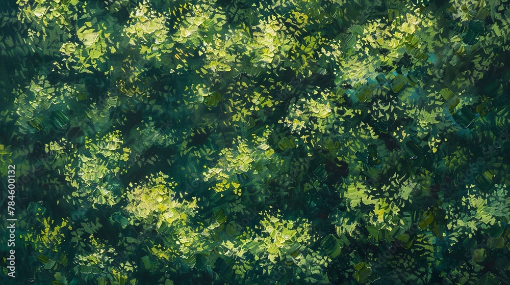 Abstract oil painting, deep forest, emerald greens, midday light, aerial view, dappled shadow effect. 