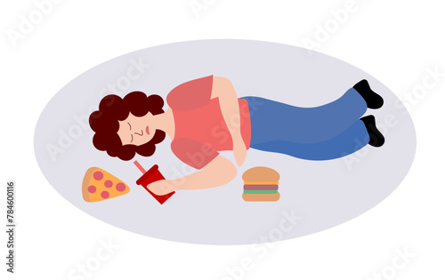 Eating disorder. Woman is lying on the floor with fast food. Overeating, bulimia, anorexia. Food addiction concept. Rejection of yourself. Cartoon flat vector illustration.