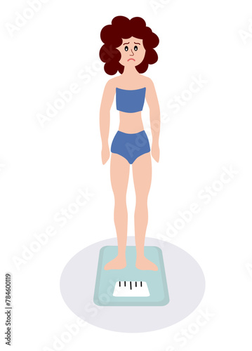 Eating disorder. Sad woman worried about being overweight. Girl on scale. Anorexia. Rejection of yourself. Cartoon flat vector illustration.