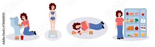 Eating disorder. Sad woman worries about being overweight. Overeating, bulimia, anorexia. Food addiction concept. Rejection of yourself. Set of cartoon flat vector illustrations.
