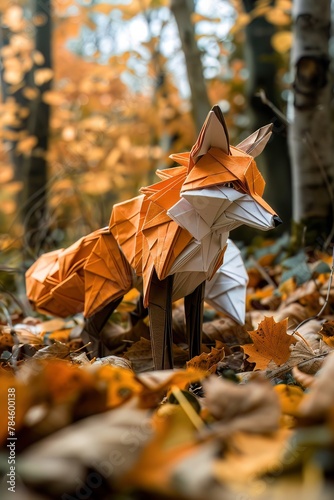 In the realistic underbrush of a forest, an origami fox stalks quietly, its orange and white folds blending with the autumn leaves