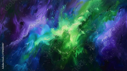 Oil paint, northern lights, vibrant greens and purples, night, macro, celestial dance.