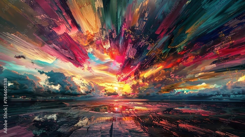 Oil paint, pixel explosion, vibrant digital colors, twilight, wide lens, pixelated chaos. Oil paint, pixel explosion, vibrant digital colors, twilight, wide lens, pixelated chaos.
