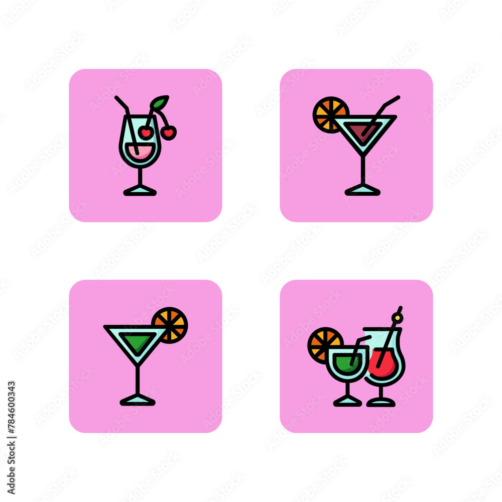 Fototapeta premium Alcohol cocktails line icon set. Drinks in glasses with orange and cherry. Party concept. Can be used for topics like holiday and night life.