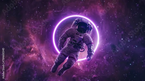 astronaut with neon circle background in space, futuristic, neon, retro style with starry background in high resolution and high quality. neon concept, astronaut