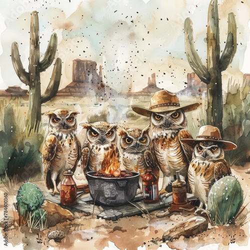 Owls Gather for Wild West Inspired Desert Barbecue in Rustic Southwestern Scene © Sittichok