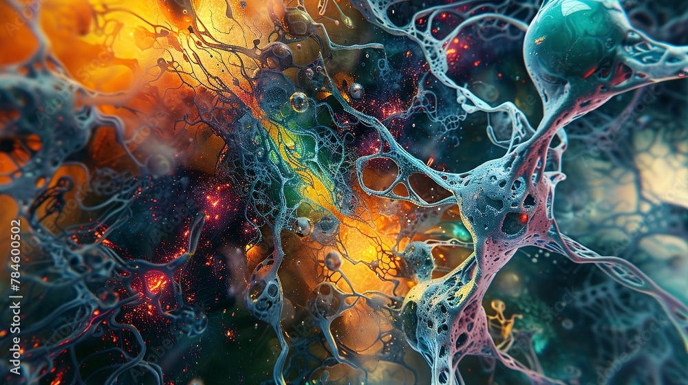 Oil paint, AI neural network, futuristic colors, direct sunlight, aerial view, complex connections. - obrazy, fototapety, plakaty 