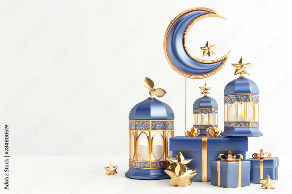 Obraz premium Elegant Ramadan Greetings 3D Rendering with Crescent Moon, Lantern, and Gift Box