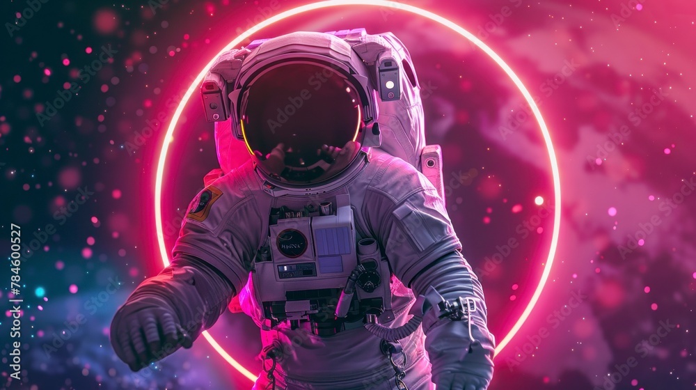 astronaut with neon circle background in space, futuristic style, neon, retro astronaut with neon circle background in space, futuristic style, neon, retro