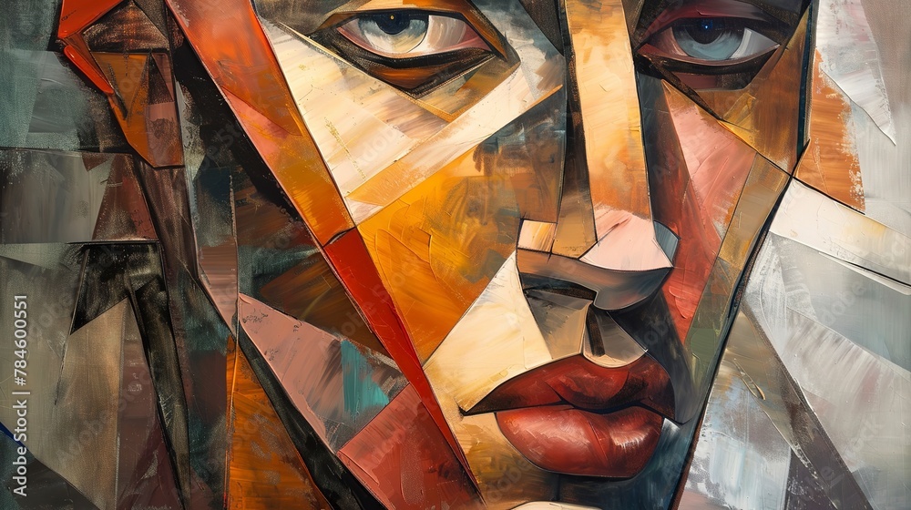 Oil painting Abstract, fragmented face, cubist influence, soft light, close-up, sharp angles.  - obrazy, fototapety, plakaty 