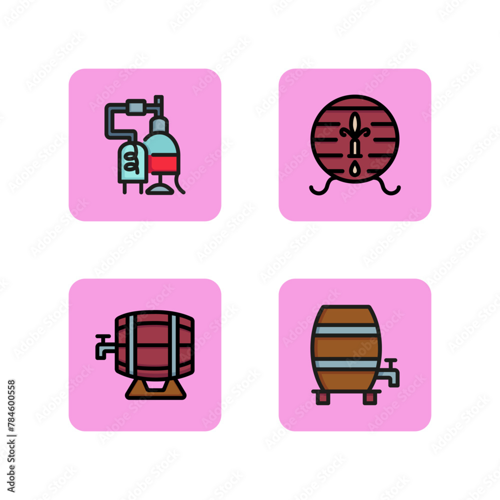 Alcohol line icon set. Different wooden barrel with beer and alcohol factory. Bar and beverage concept. Can be used for topics like pub, beerhouse, restaurant. Alcohol line icon set. Different wooden barrel with beer and alcohol factory. Bar and beverage concept. Can be used for topics like pub, beerhouse, restaurant.