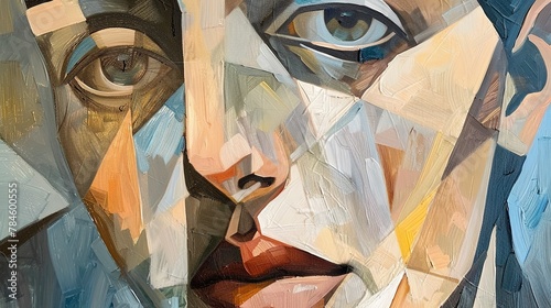 Oil painting Abstract, fragmented face, cubist influence, soft light, close-up, sharp angles. 