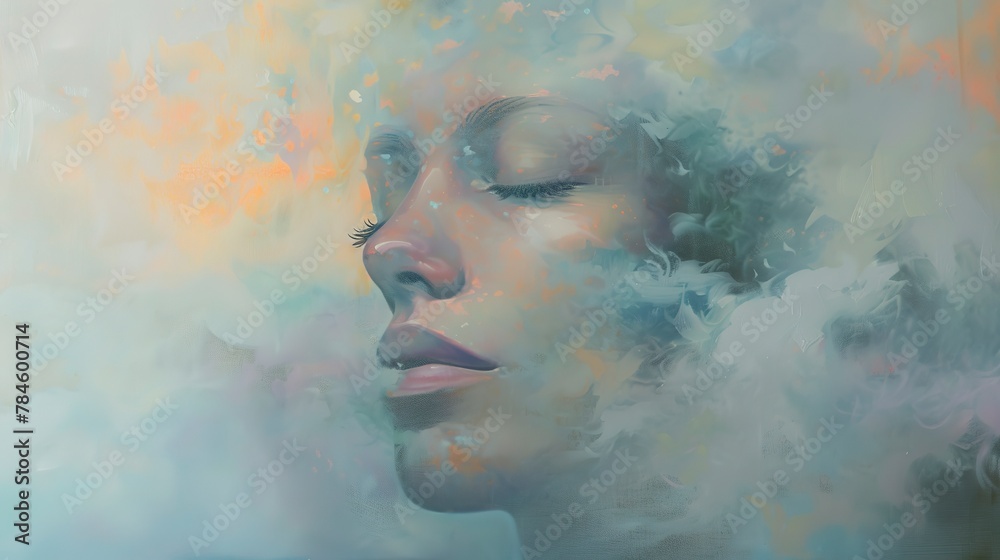 Oil painting, dream visage, pastel dreamscape, dawn light, panoramic, ethereal softness. 