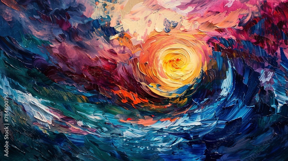 Oil paint, emotional whirlwind, expressionist fury, twilight, wide angle, tempest of colors. 