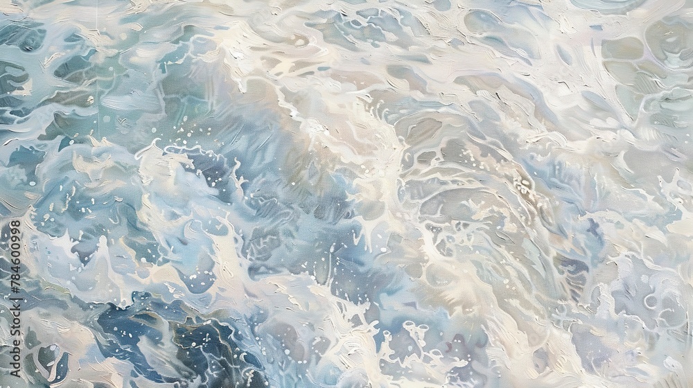 Fototapeta premium Oil painting, sea foam patterns, soft whites and blues, morning, close focus, frothy texture. 