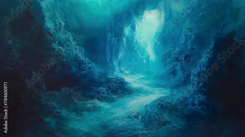 Oil paint  underwater cavern  mysterious blues  soft light  macro  cavernous echoes. 