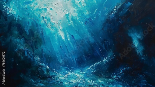 Oil paint, underwater cavern, mysterious blues, soft light, macro, cavernous echoes.