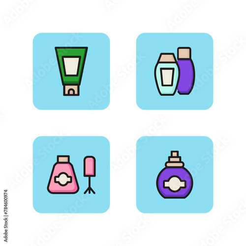 Cosmetology products line icon set. Hair shampoo hair balsam  mascara and fragrant perfume. Cosmetic concept. Can be used for topics like shopping and cosmetics store