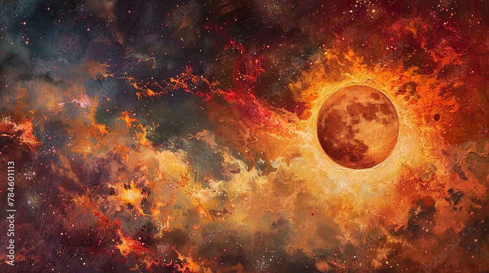 Abstract Oil painting, star birth, fiery oranges and reds, night, panoramic, cosmic glow. Abstract Oil painting, star birth, fiery oranges and reds, night, panoramic, cosmic glow.