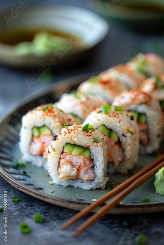 california roll with rice on the outside, avocado, cucumber, crab sticks on a plate
