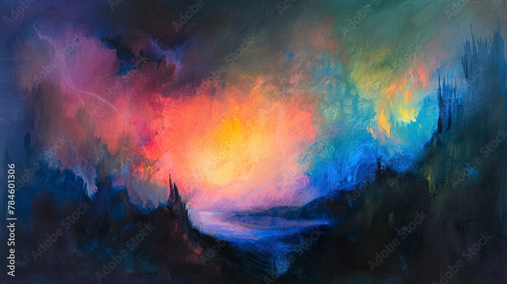 Abstract Oil painting, alien aurora, oil painting, otherworldly colors, dusk, wide angle, celestial dance.