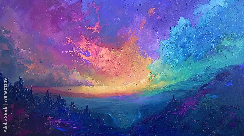 Abstract Oil painting, alien aurora, oil painting, otherworldly colors, dusk, wide angle, celestial dance. 