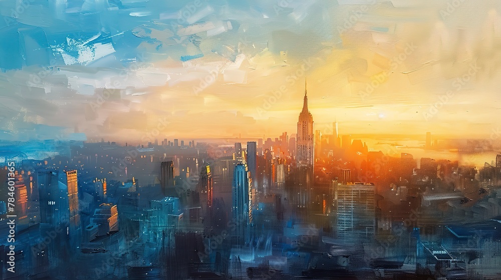 Fototapeta premium Oil painting, urban skyline, soft pastels, dawn light, panoramic, dreamy cityscape.