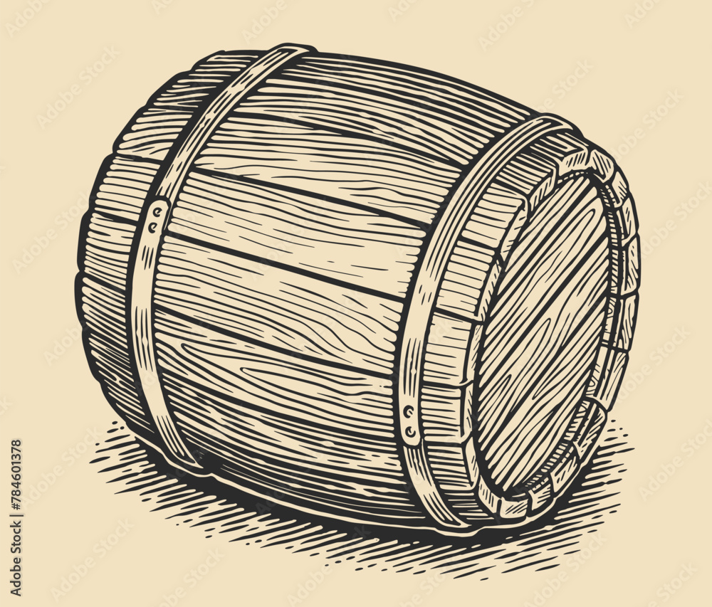Naklejka premium Wooden barrel for storing alcoholic beverages. Oak barrel sketch. Vintage engraving style vector illustration