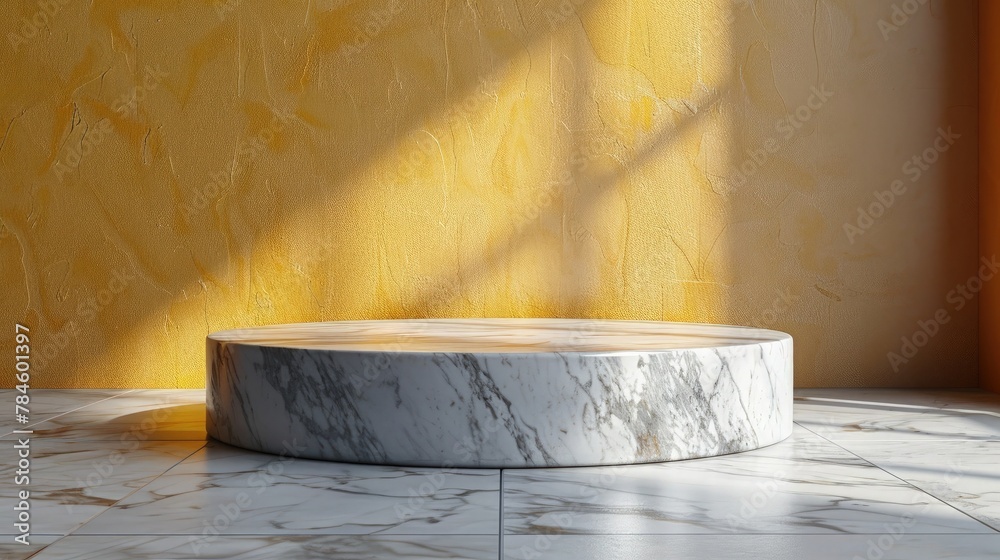 Minimalist Marble Podium. White Cylinder Against Yellow Wall, Elegant Presentation Stand Minimalist Marble Podium. White Cylinder Against Yellow Wall, Elegant Presentation Stand