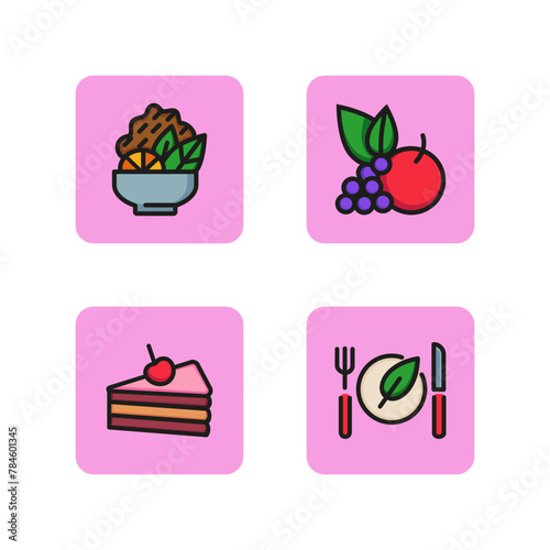 Food line icon set. Cake, vegan food, salad, fruit. Restaurant concept. Can be used for topics like cooking, healthy food, menu.