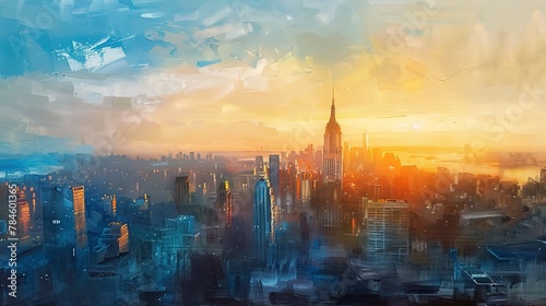 Oil painting, urban skyline, soft pastels, dawn light, panoramic, dreamy cityscape. © Thanthara
