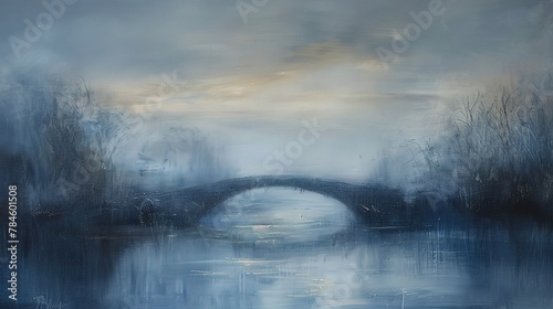 Oil painting, bridge over river, cool blues and greys, twilight, wide angle, serene flow. 
