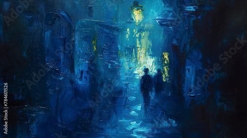 Abstract Oil painting, nighttime alley, oil effect, shadowy figures, night, close focus, mysterious aura. 