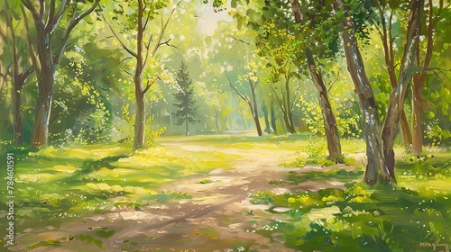 Abstract Oil painting, urban park in spring, oil painting, lush greens, morning light, panoramic, peaceful retreat. 