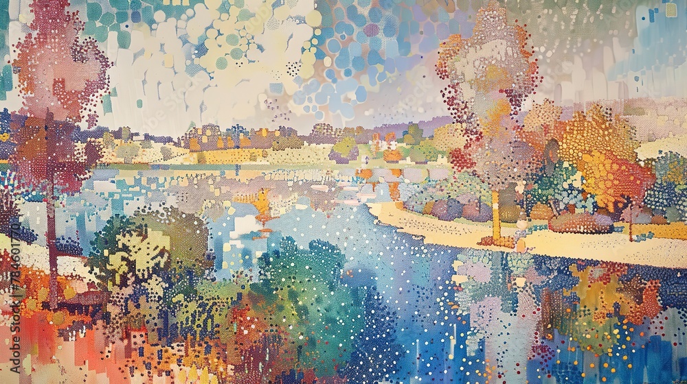 Abstract Oil painting, Seurat's pointillism park, multicolored dots, afternoon, panoramic view, optical blend. 