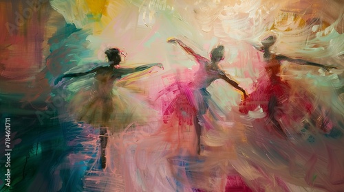 Abstract Oil painting, Degas ballet dancers, soft hues, stage lights, wide lens, fluid movement effect.  photo