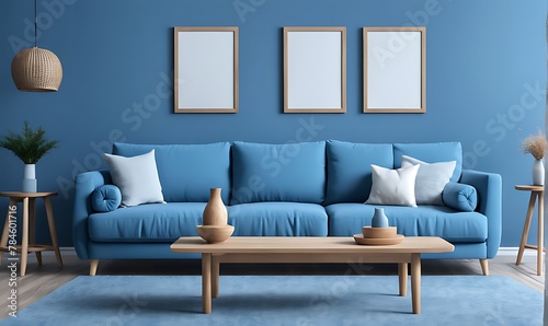 Home interior mockup with blue sofa wooden table and decor in blue living room 