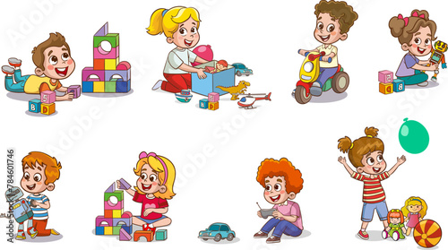 Set collection of vector cute baby kids characters playing with toys doing activities in different poses. Children jump, move, have fun in a good mood, play, hang out with different emotions.